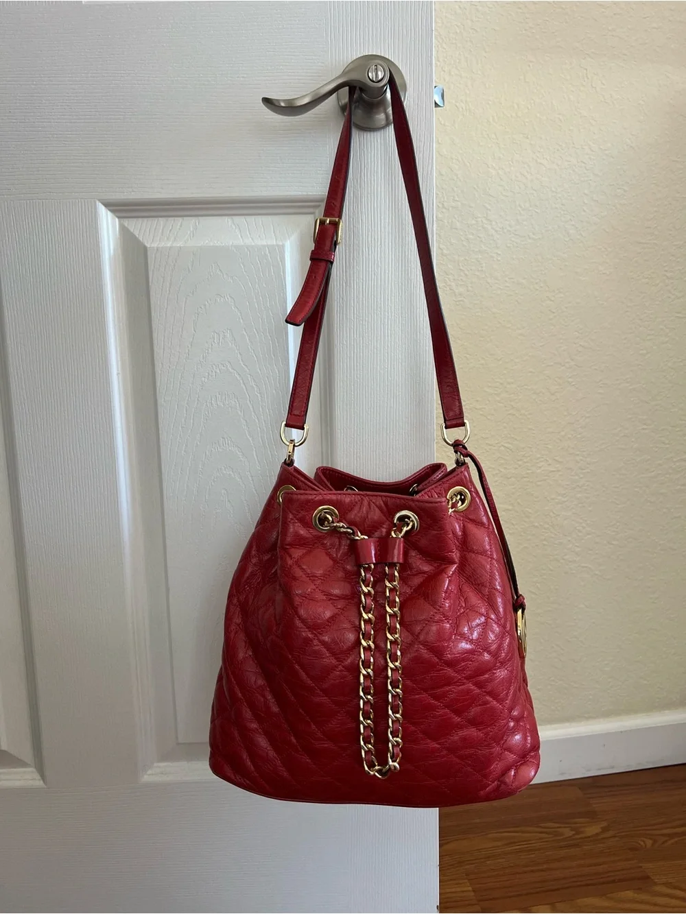 Michael Kors Quilted Red Leather Drawstring Hobo with Gold Chain